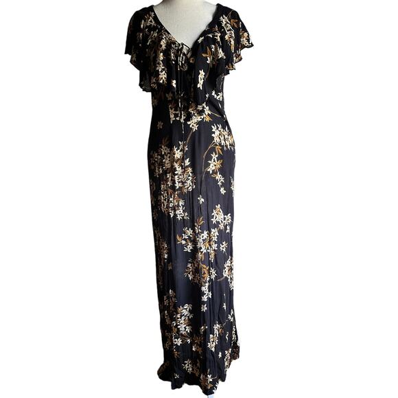 AMUSE Society | Black Floral Alana Maxi Dress Lace up Neck | Size Small - Picture 2 of 7